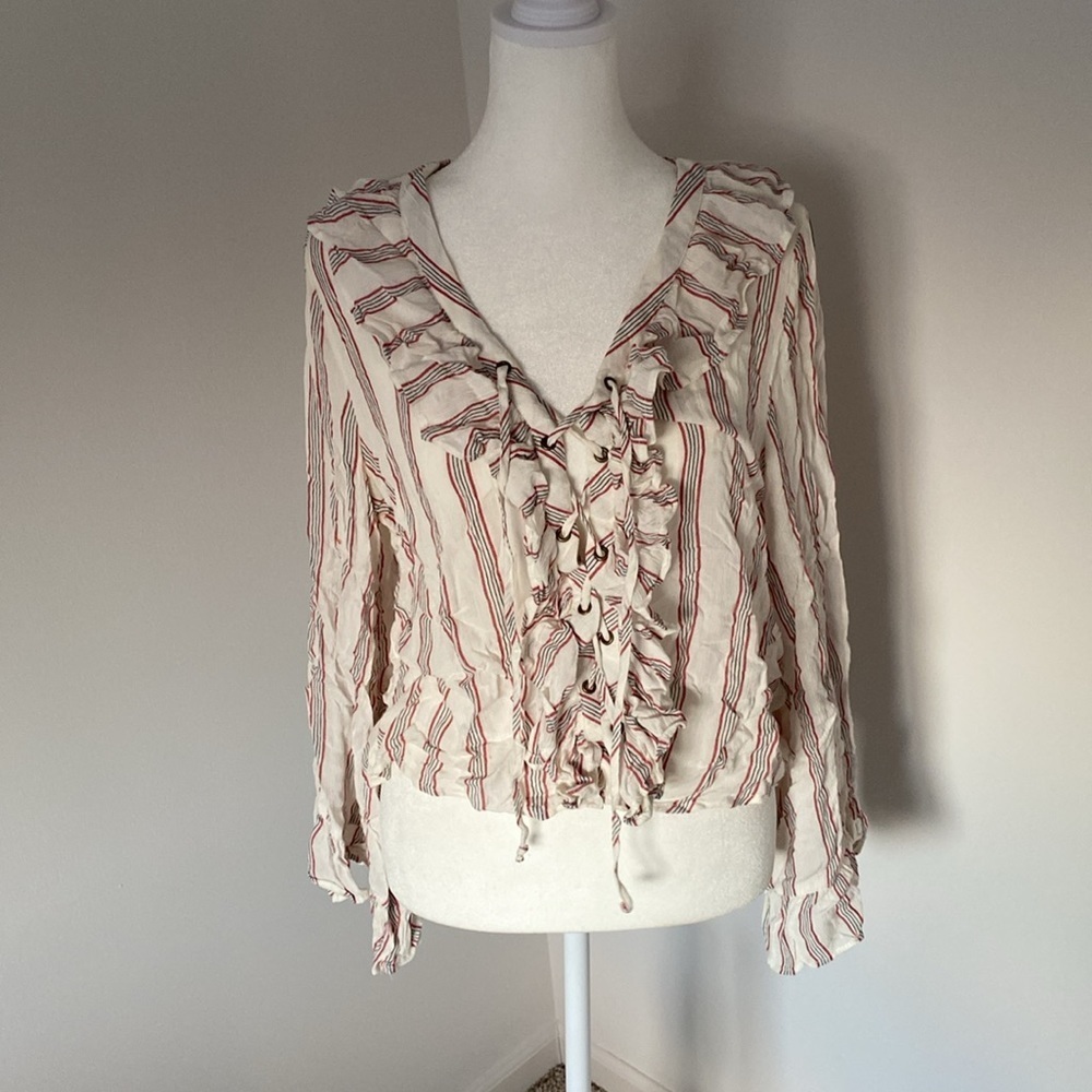 Striped Ruffle Blouse - Cream and Red
